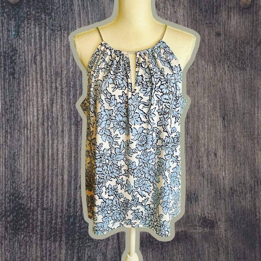 MICHAEL Michael Kors Blue Floral Keyhole Sleeveless Top W/ Braided Leather Strap
